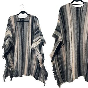 E.D. Made in Italy Striped Knit Poncho Fringe Open Front Sweater Cape Wool OS
